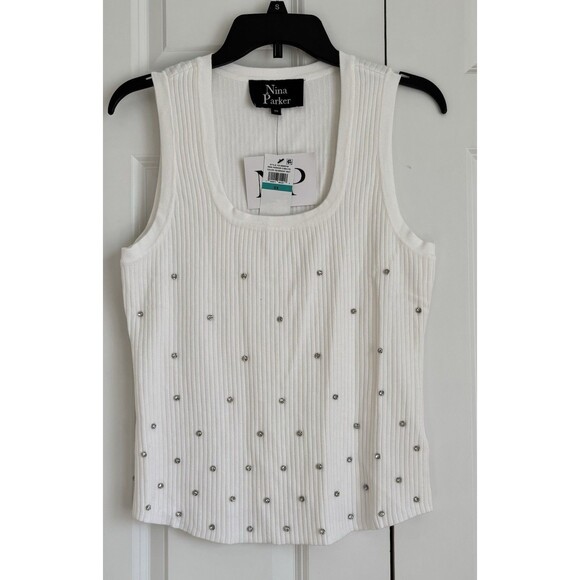 NINA PARKER WOMENS TOP/VEST BRIGHT WHITE SLEEVELES KNIT SCOOP NECK RHINESTONES - Picture 1 of 6